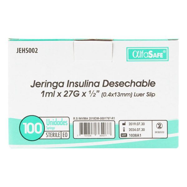 Jeringa Alfa Ins.1 Ml 27Gx1/2(13Mm)100Ud - Imagen 2